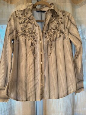 Embroidered Stripe Button-Up Shirt - white